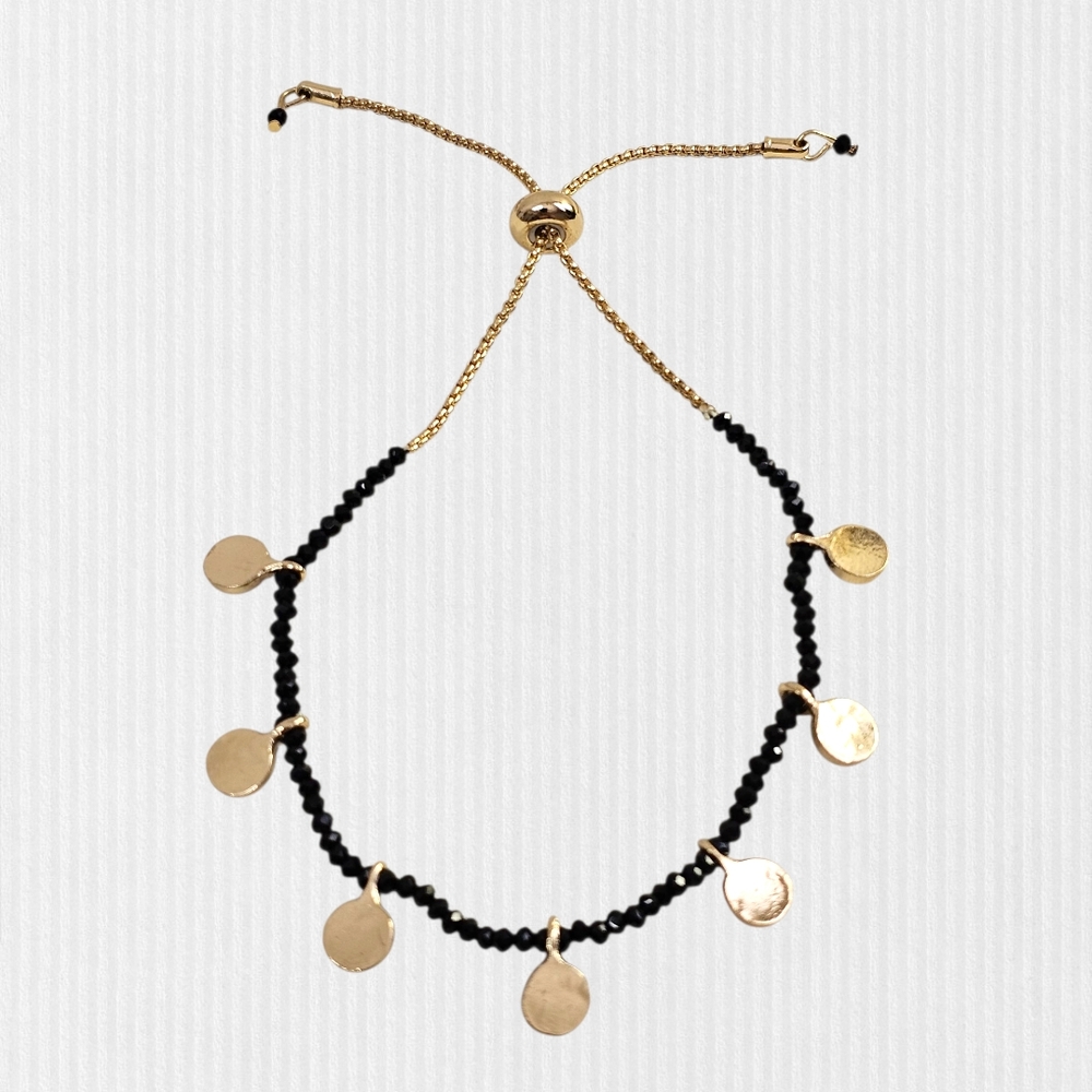 Chic Gold Coin and Black Beads Adjustable Bracelet NWOT BohoChic‎